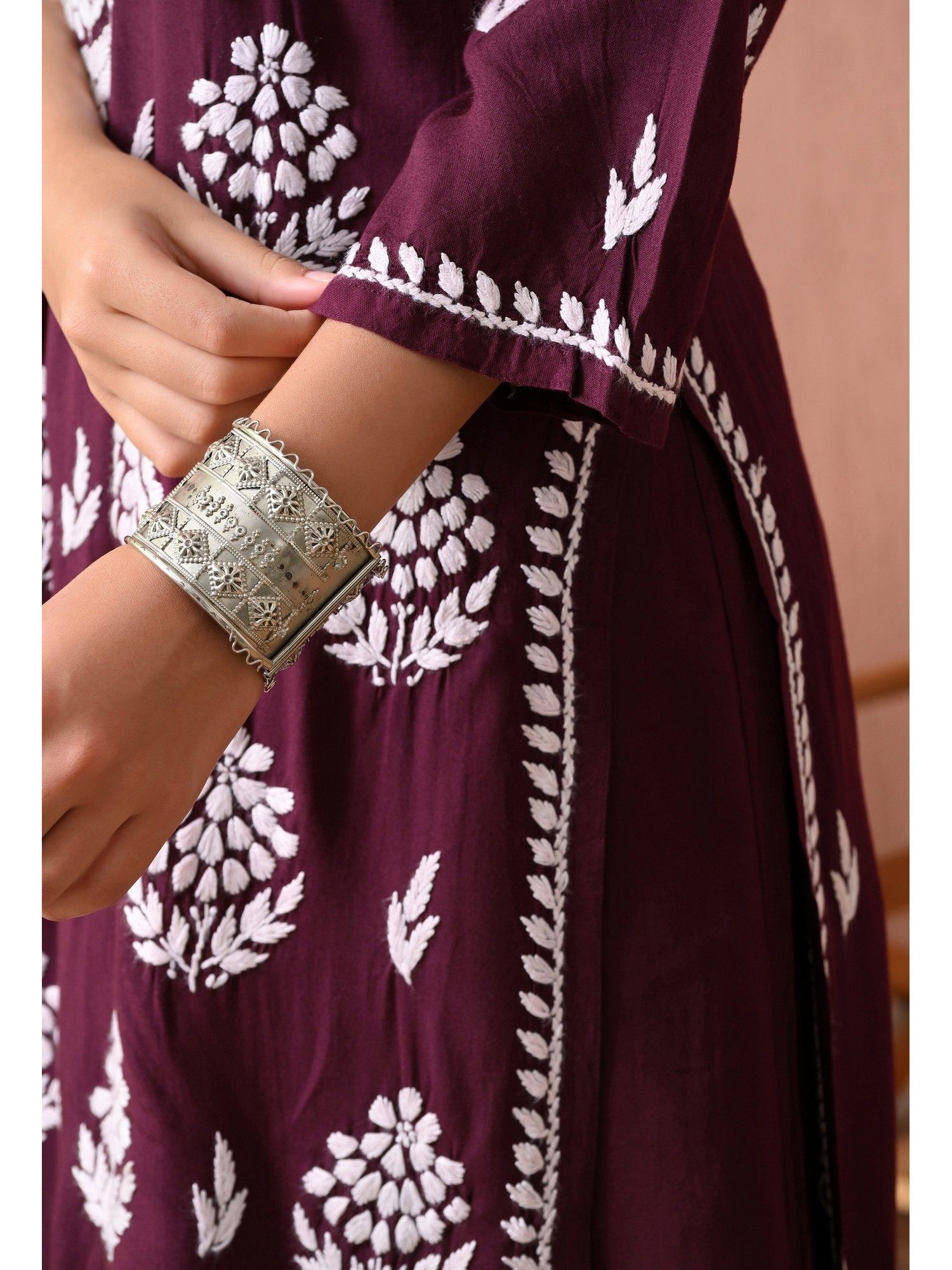 Wine Rayon Straight Chikankari Hand Embroidered Kurta with Palazzo