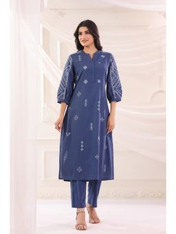 SAVI - Blue Cotton Slub Embroidered Designer Kurta with Pant