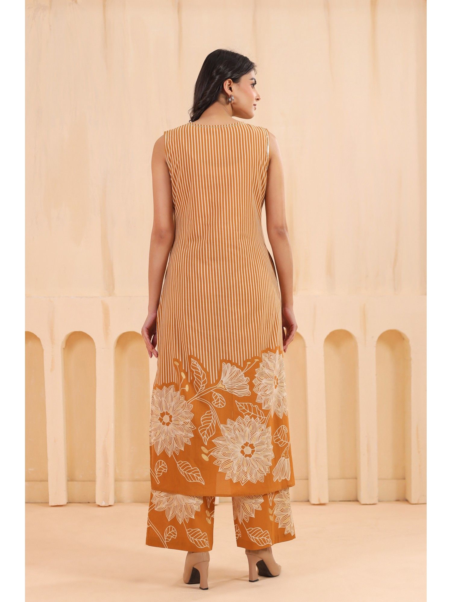 Orange Cotton Printed Designer Kurta with Palazzo