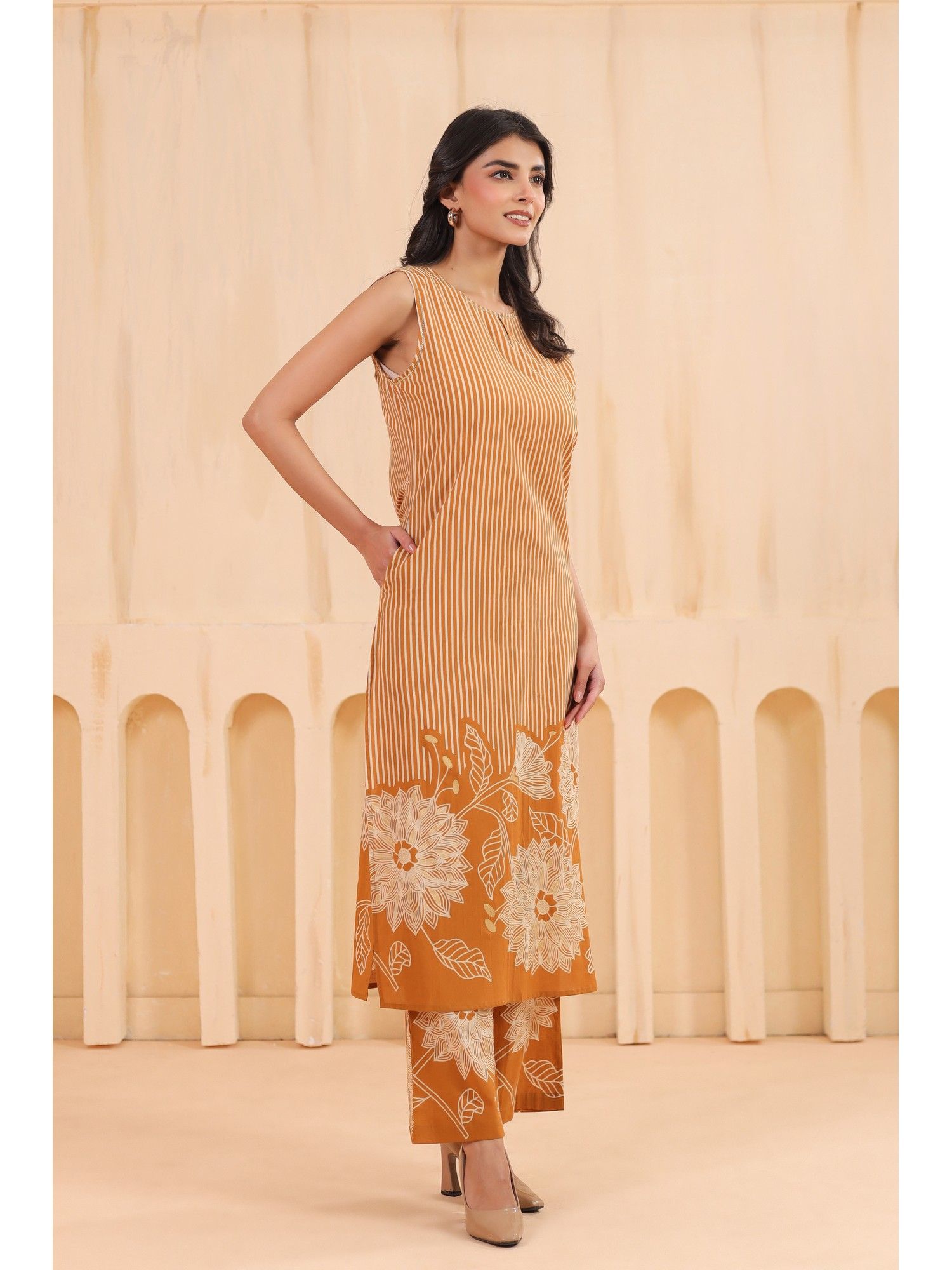 Orange Cotton Printed Designer Kurta with Palazzo
