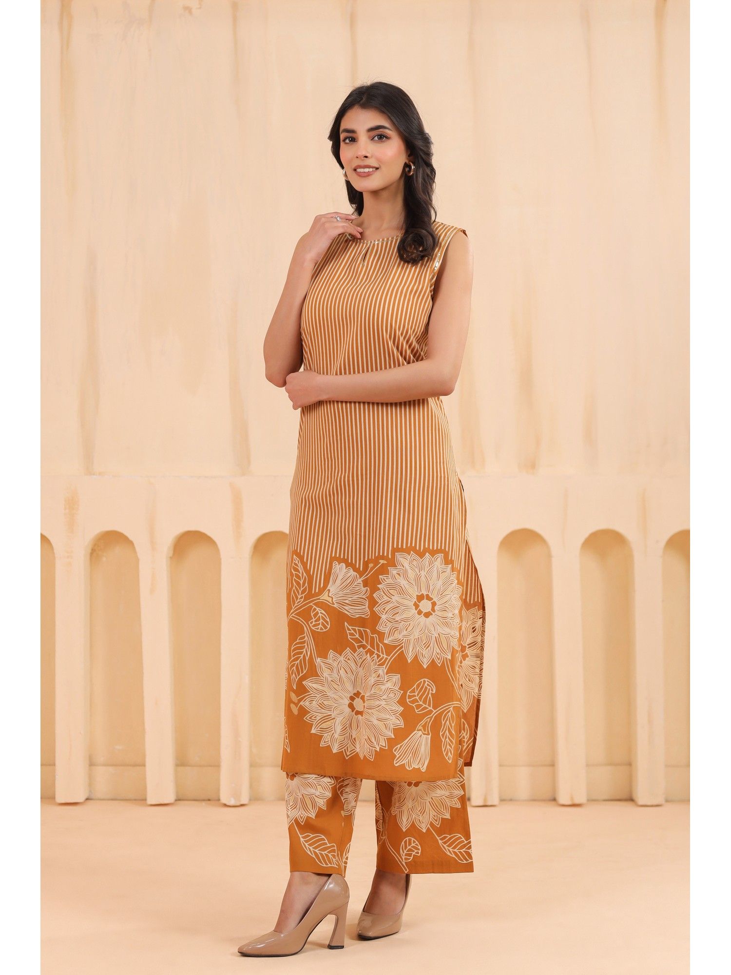 Orange Cotton Printed Designer Kurta with Palazzo