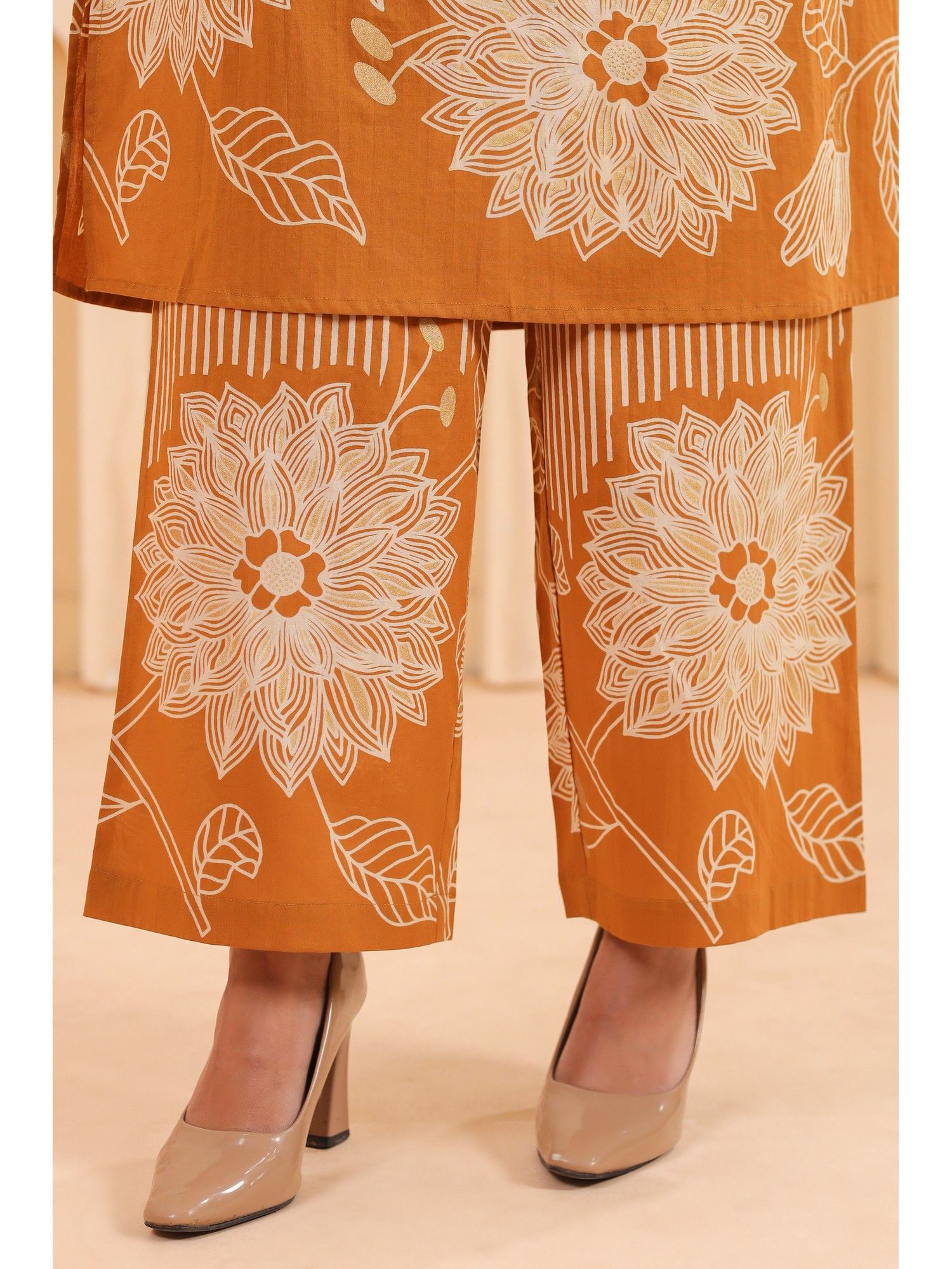 Orange Cotton Printed Designer Kurta with Palazzo