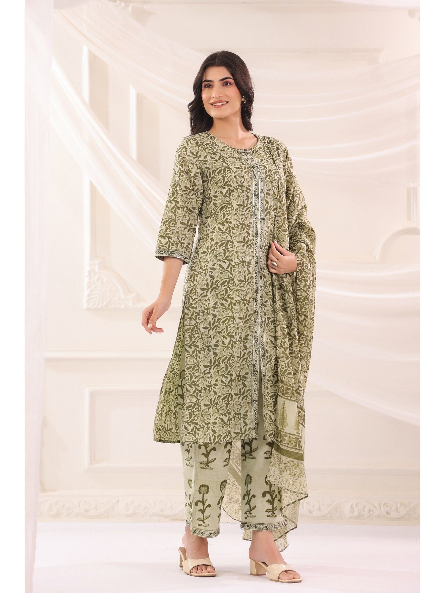 Green Cotton Printed Designer Kurta Pant With Dupatta