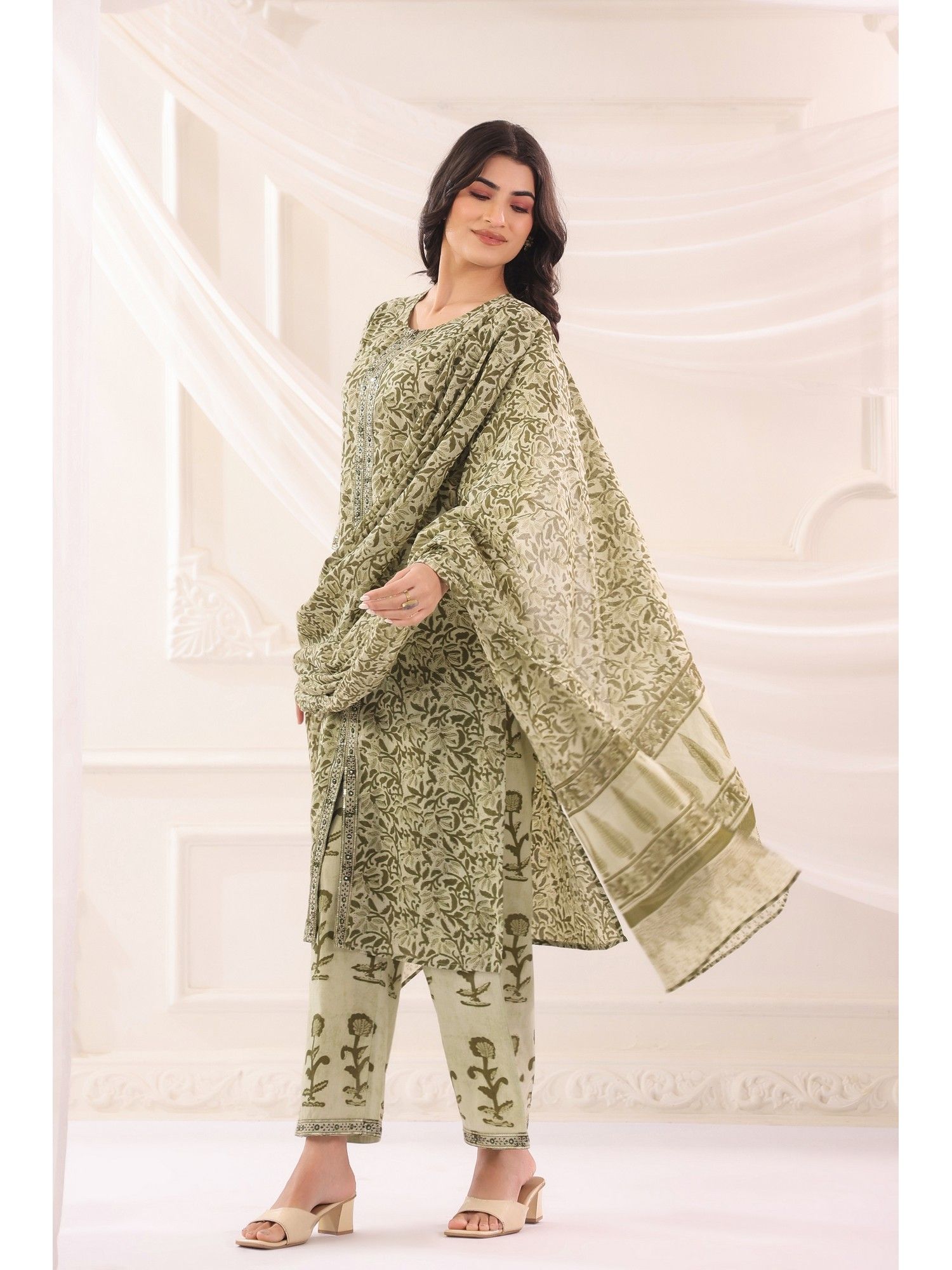 Green Cotton Printed Designer Kurta Pant With Dupatta