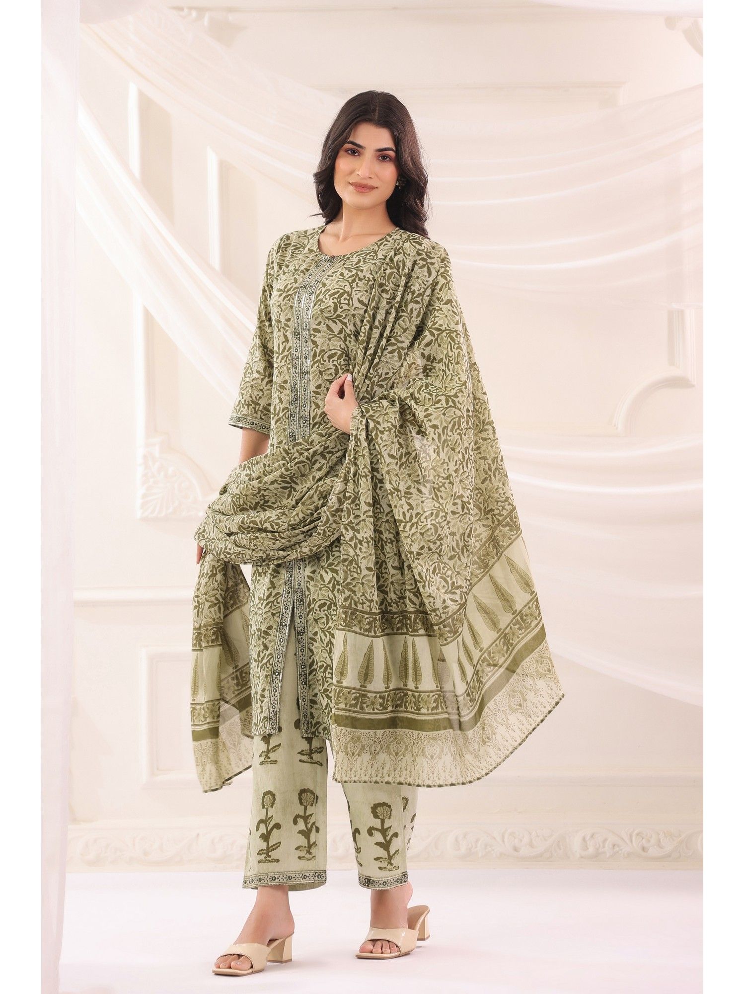 Green Cotton Printed Designer Kurta Pant With Dupatta