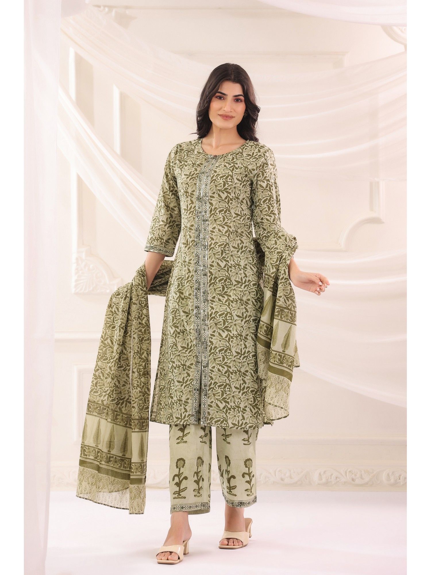 Green Cotton Printed Designer Kurta Pant With Dupatta