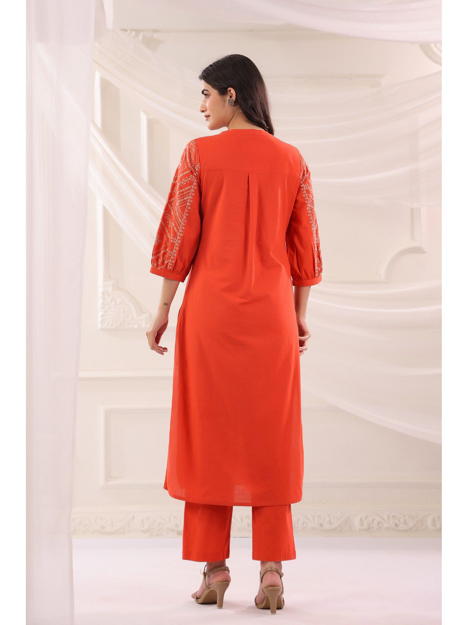 Rust Cotton Slub Embroidered Kurta with Pant