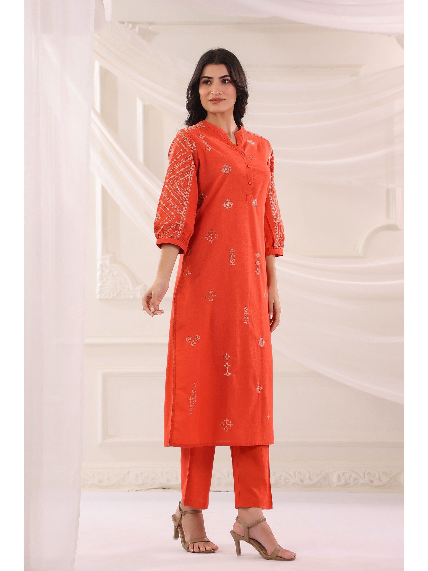 Rust Cotton Slub Embroidered Kurta with Pant