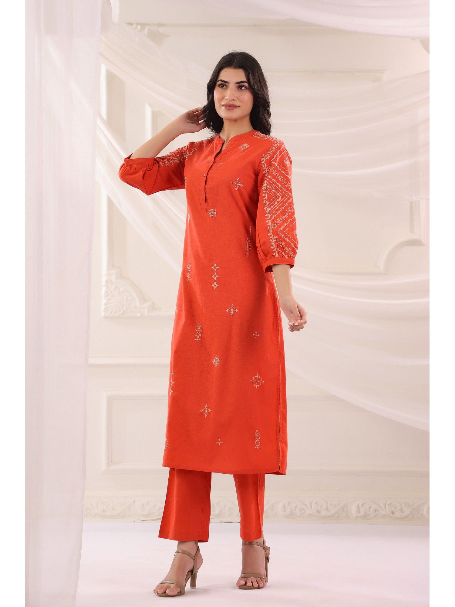 Rust Cotton Slub Embroidered Kurta with Pant
