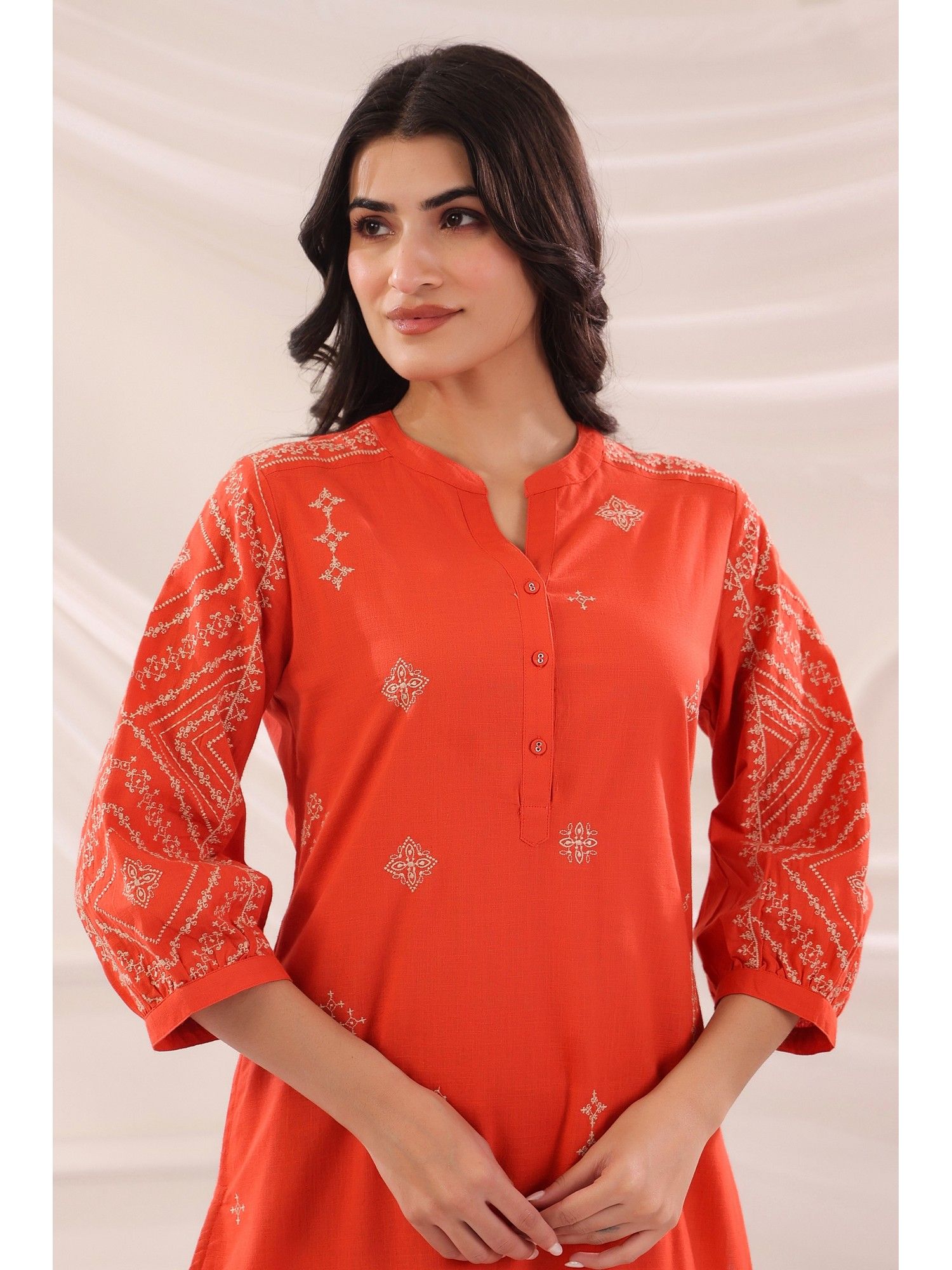 Rust Cotton Slub Embroidered Kurta with Pant