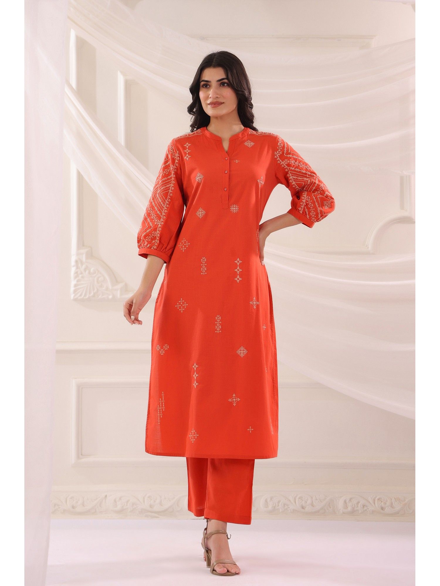 Rust Cotton Slub Embroidered Kurta with Pant