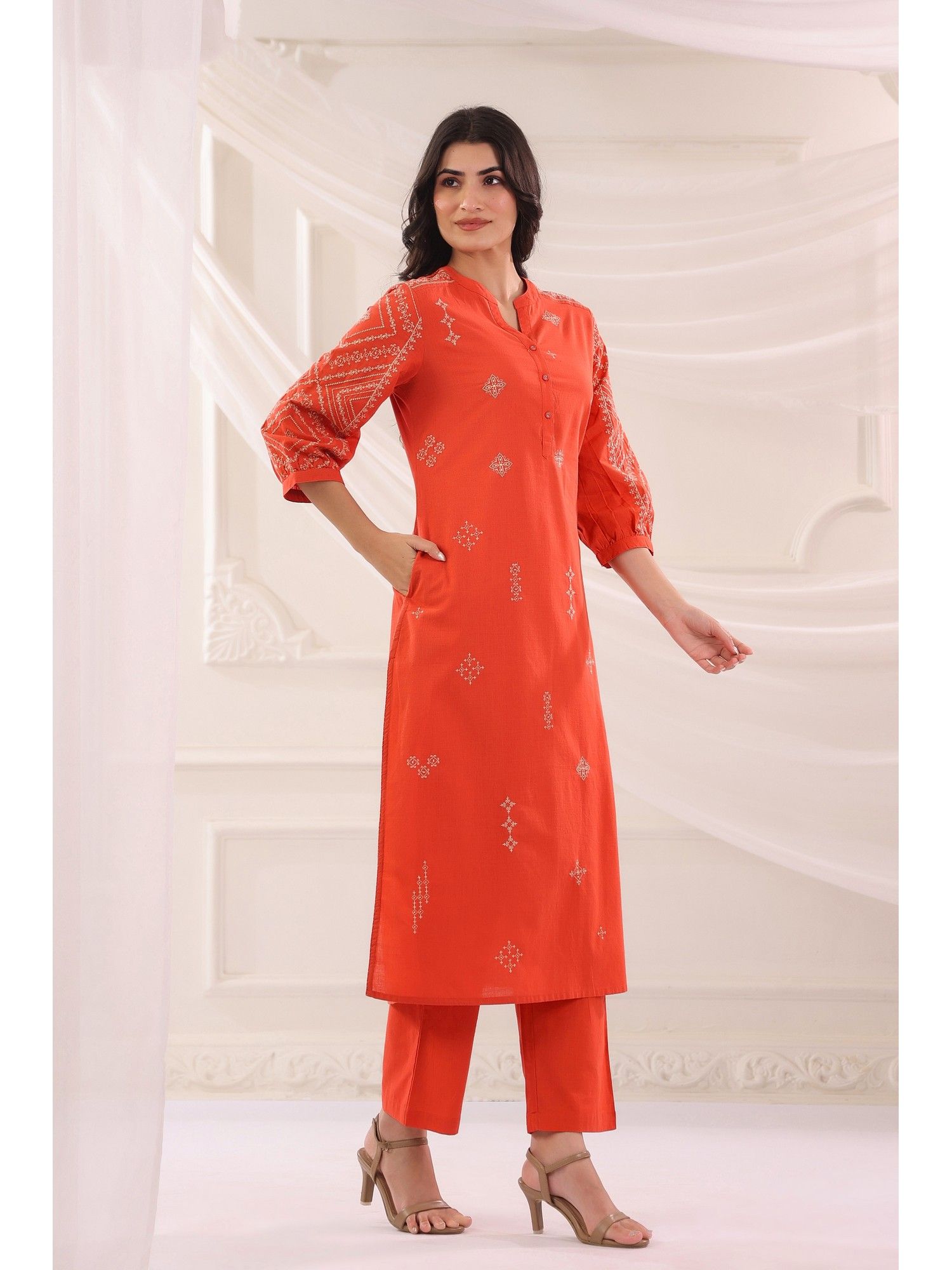 Rust Cotton Slub Embroidered Kurta with Pant