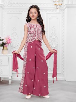 Mini Stitch - Pink Woven Leaf Repeat Embriodered Palazzo Kurti with dupatta