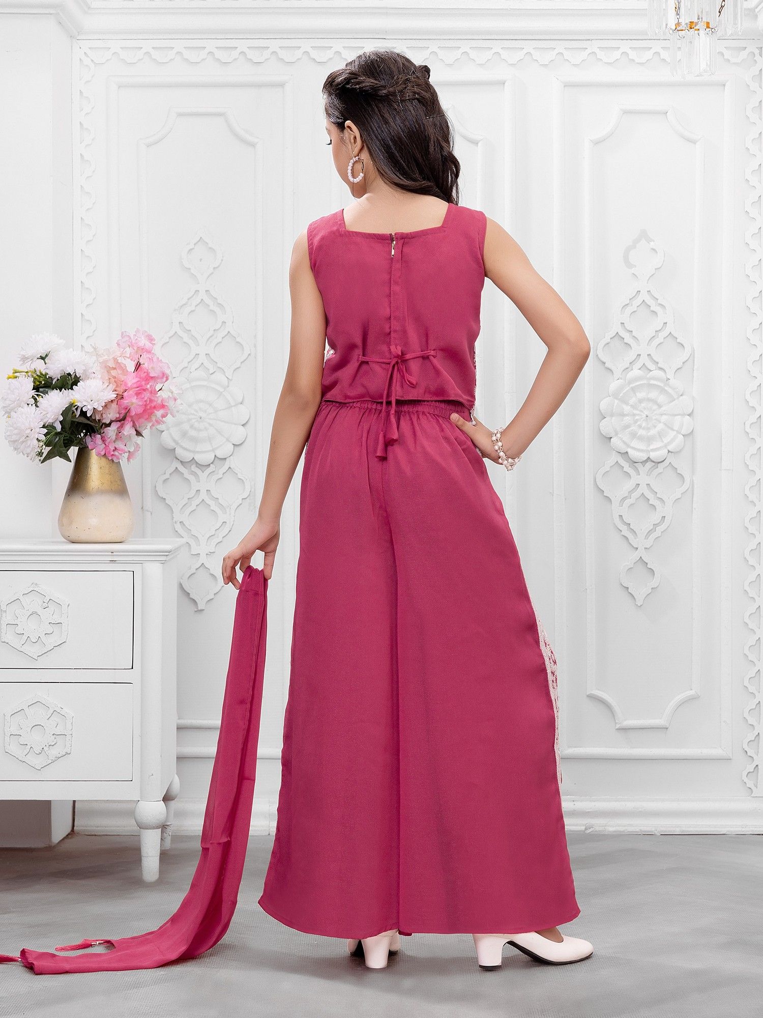 Pink Woven Leaf Repeat Embriodered Palazzo Kurti with dupatta