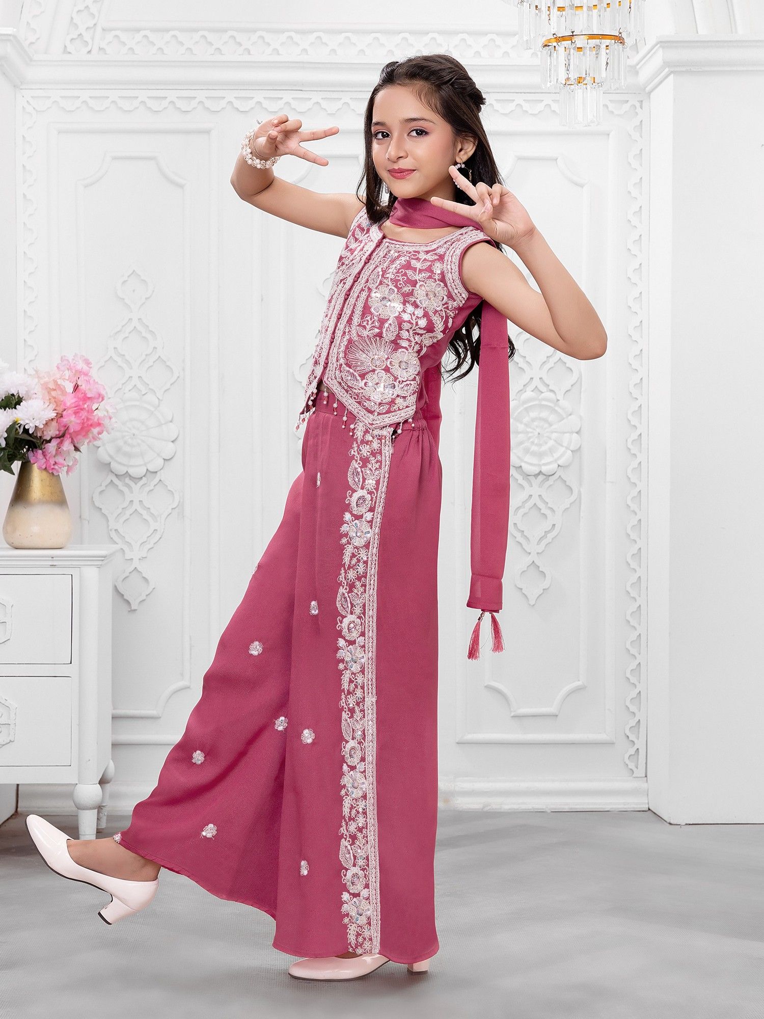 Pink Woven Leaf Repeat Embriodered Palazzo Kurti with dupatta
