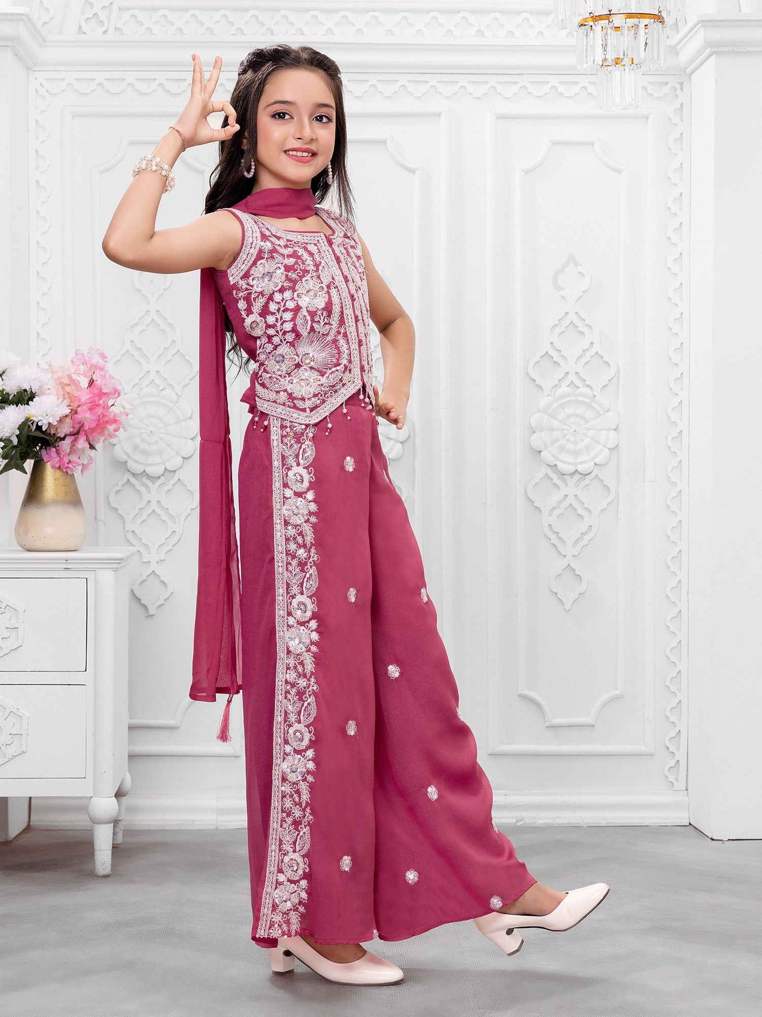 Pink Woven Leaf Repeat Embriodered Palazzo Kurti with dupatta
