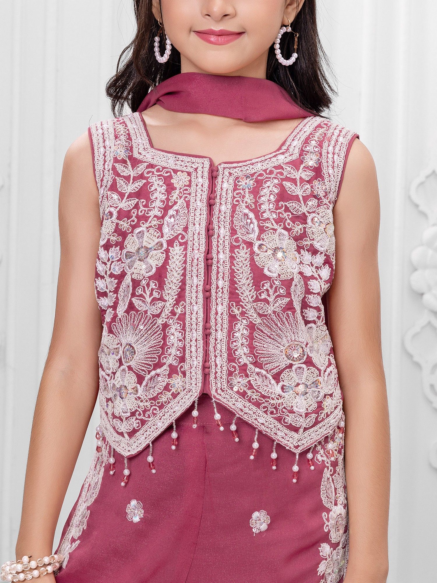 Pink Woven Leaf Repeat Embriodered Palazzo Kurti with dupatta