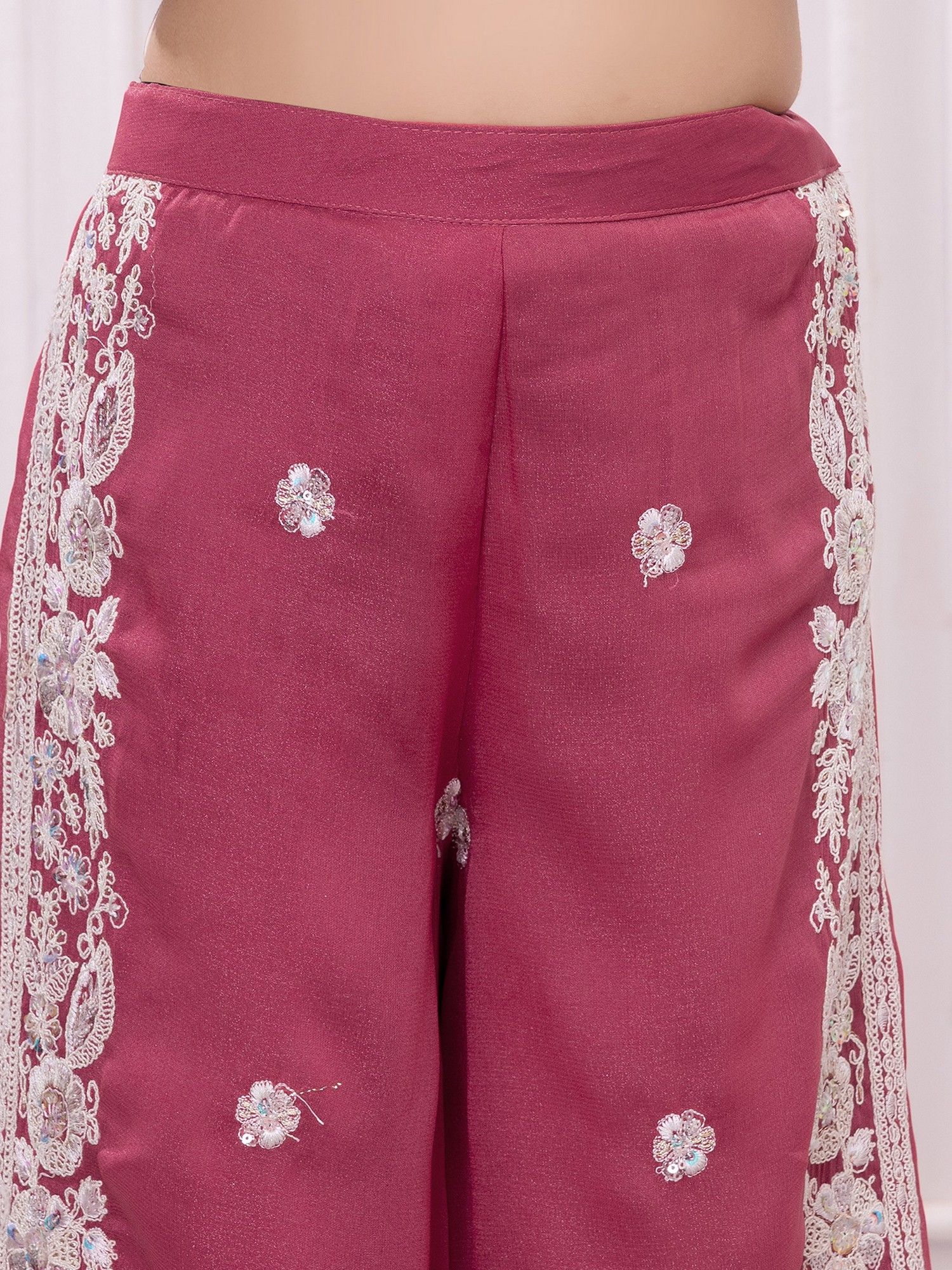 Pink Woven Leaf Repeat Embriodered Palazzo Kurti with dupatta