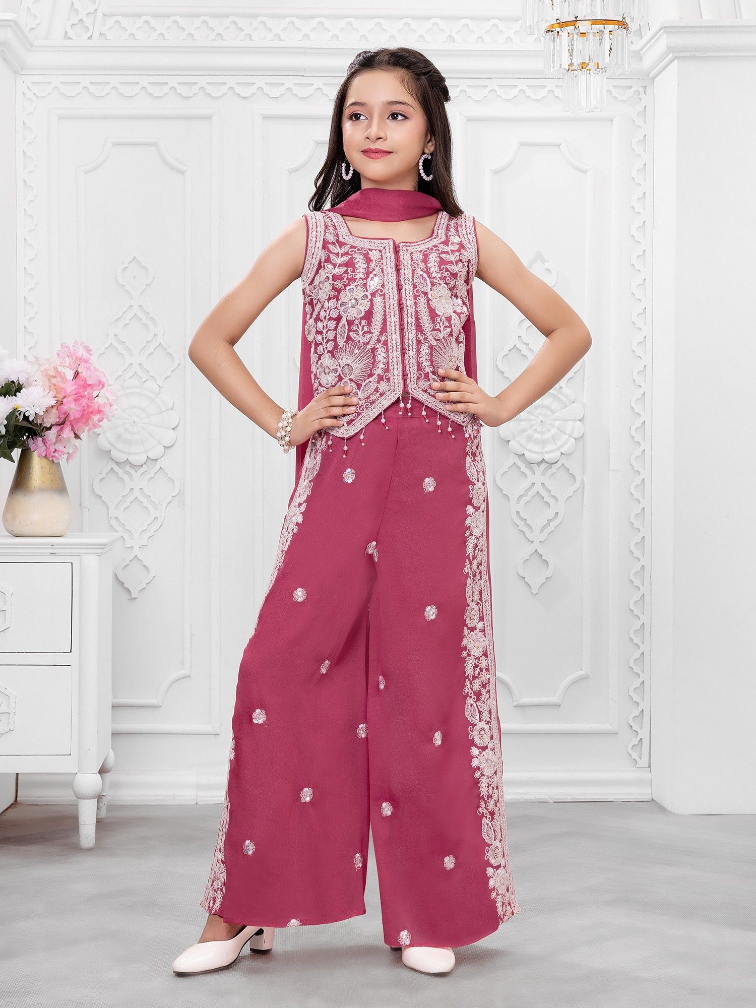 Pink Woven Leaf Repeat Embriodered Palazzo Kurti with dupatta