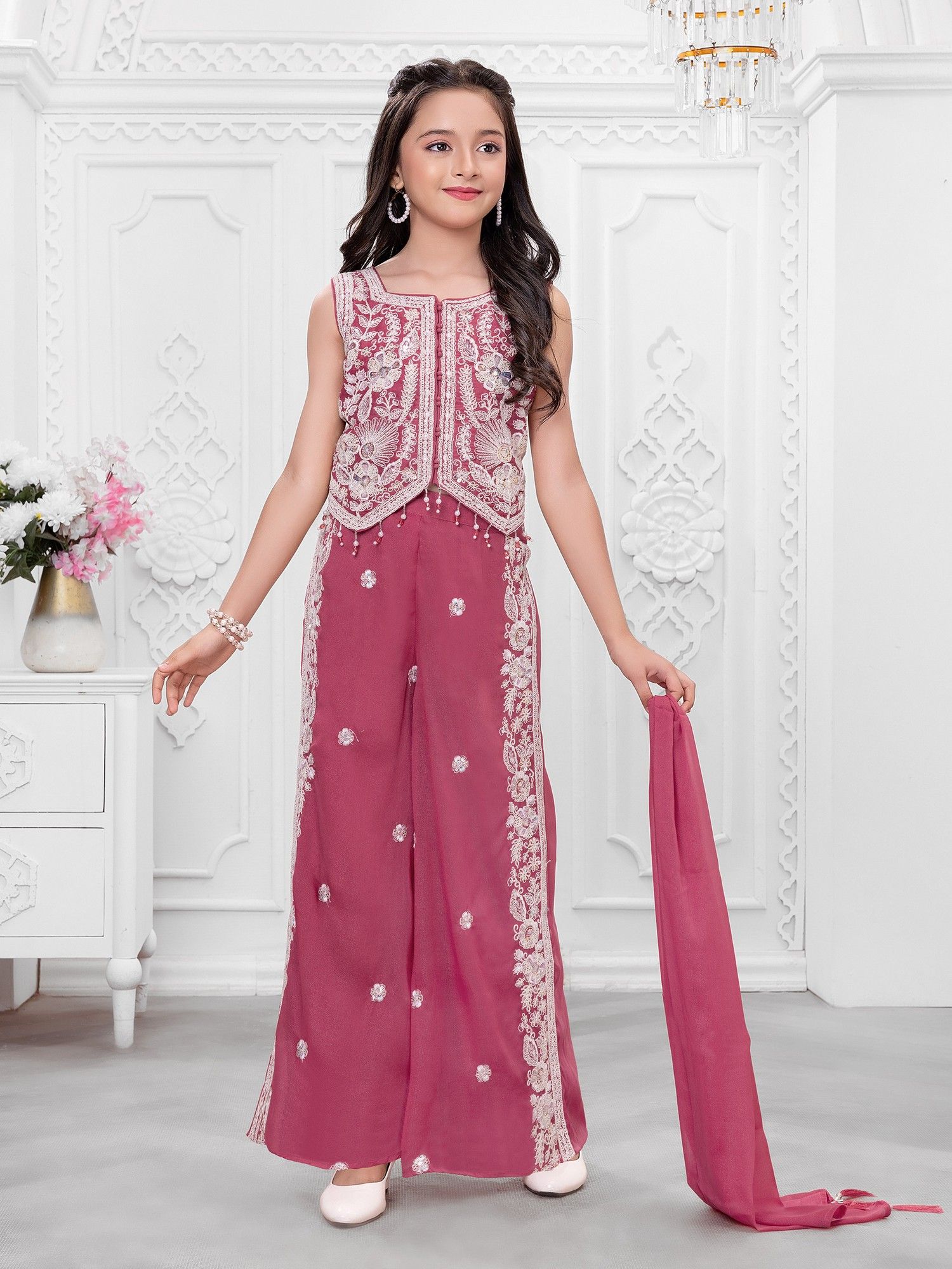 Pink Woven Leaf Repeat Embriodered Palazzo Kurti with dupatta