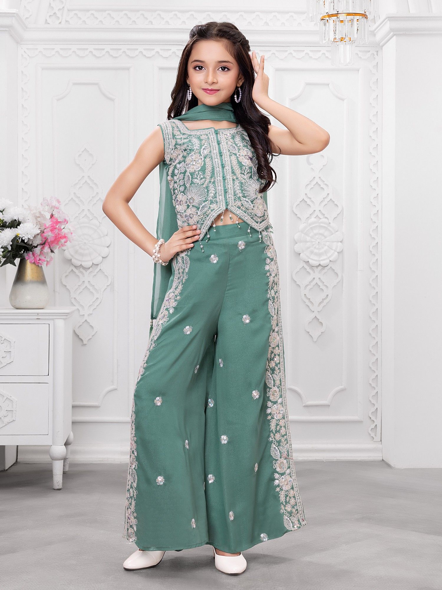 Seagreen Woven Leaf Repeat Embriodered Palazzo Kurti with dupatta