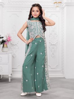 Mini Stitch - Seagreen Woven Leaf Repeat Embriodered Palazzo Kurti with dupatta