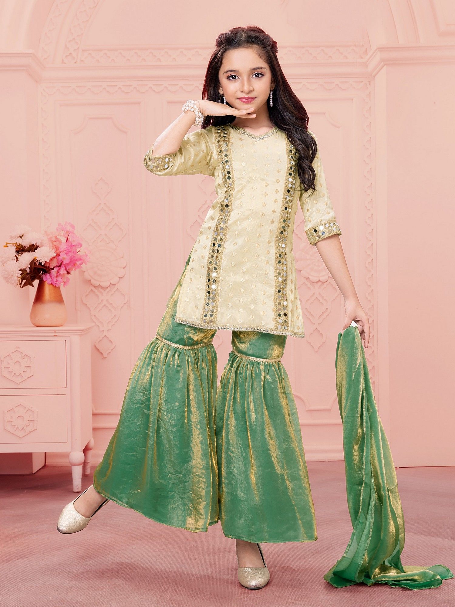 Woven Repeat Embriodered kurti with Palazzo and dupatta