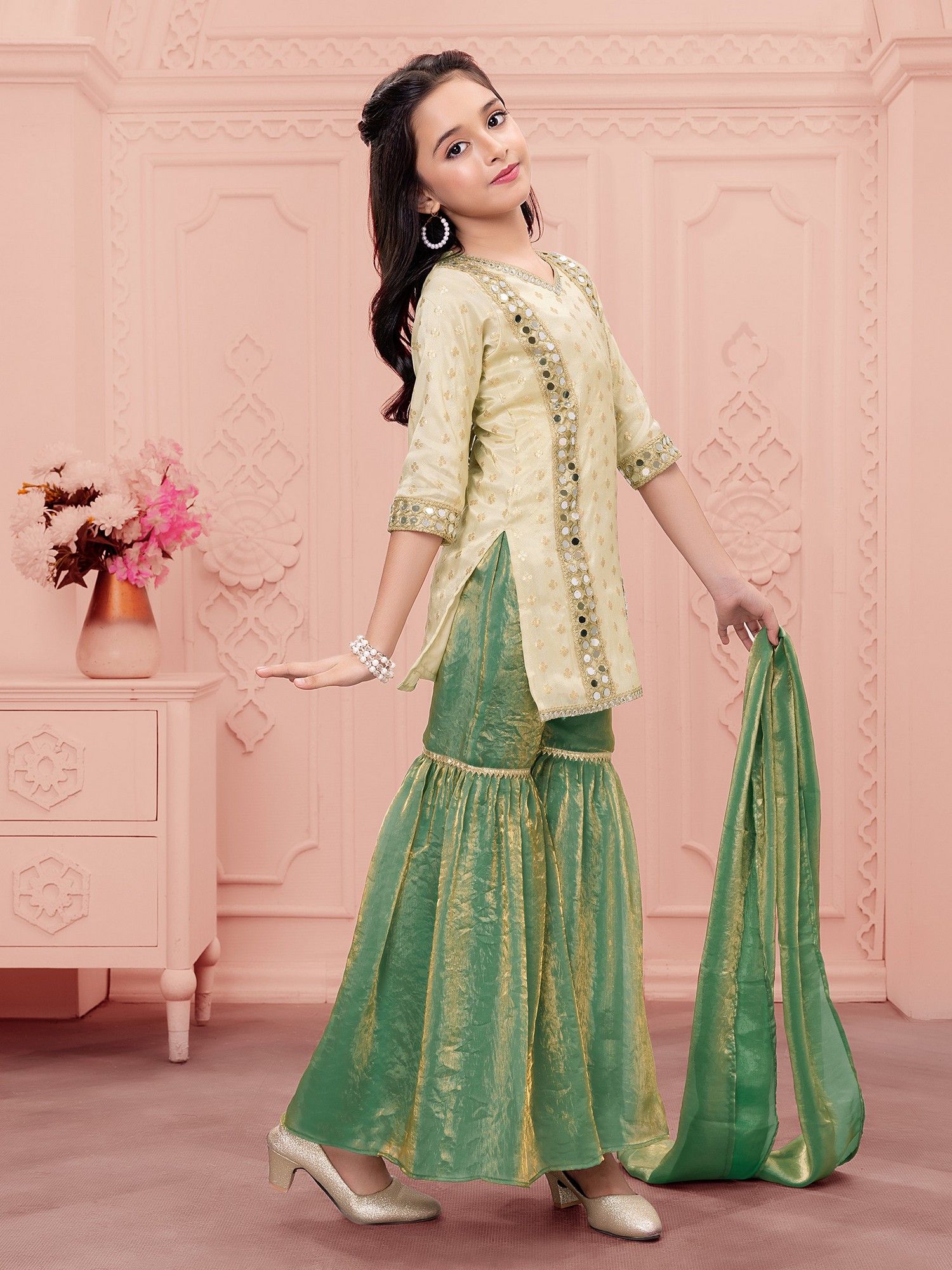 Woven Repeat Embriodered kurti with Palazzo and dupatta