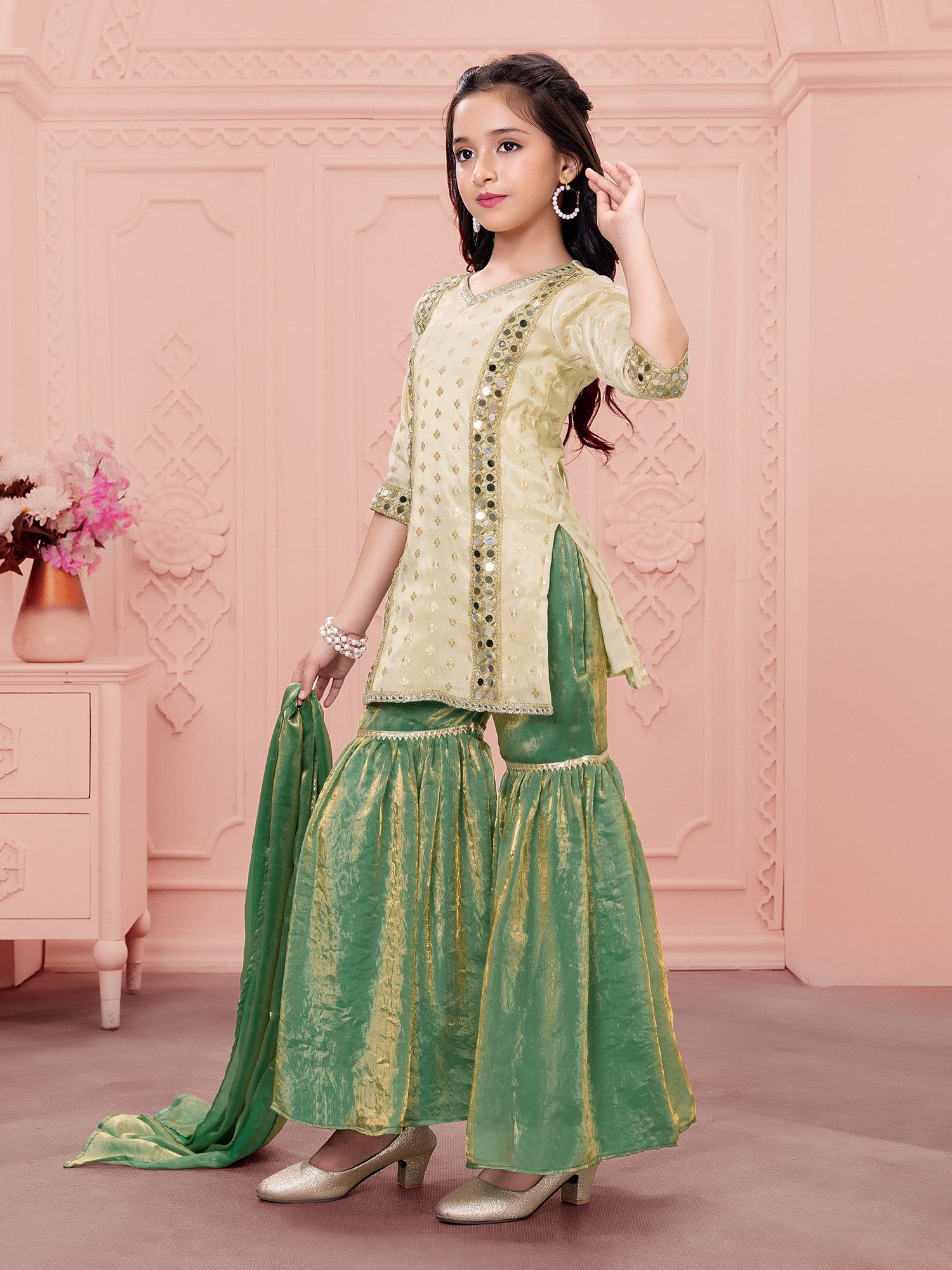 Woven Repeat Embriodered kurti with Palazzo and dupatta