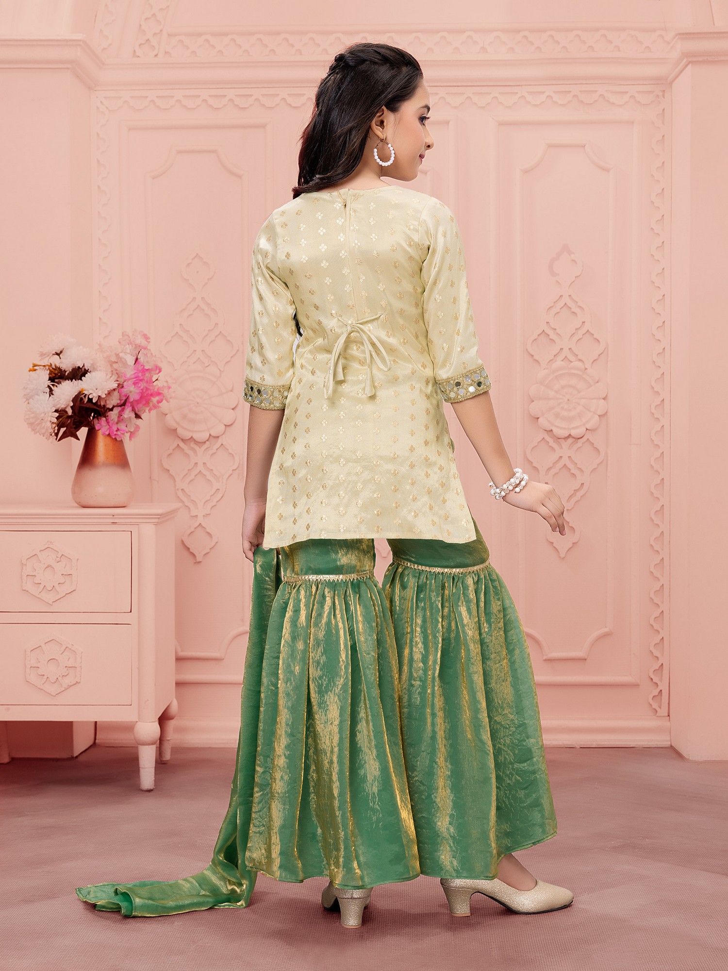 Woven Repeat Embriodered kurti with Palazzo and dupatta