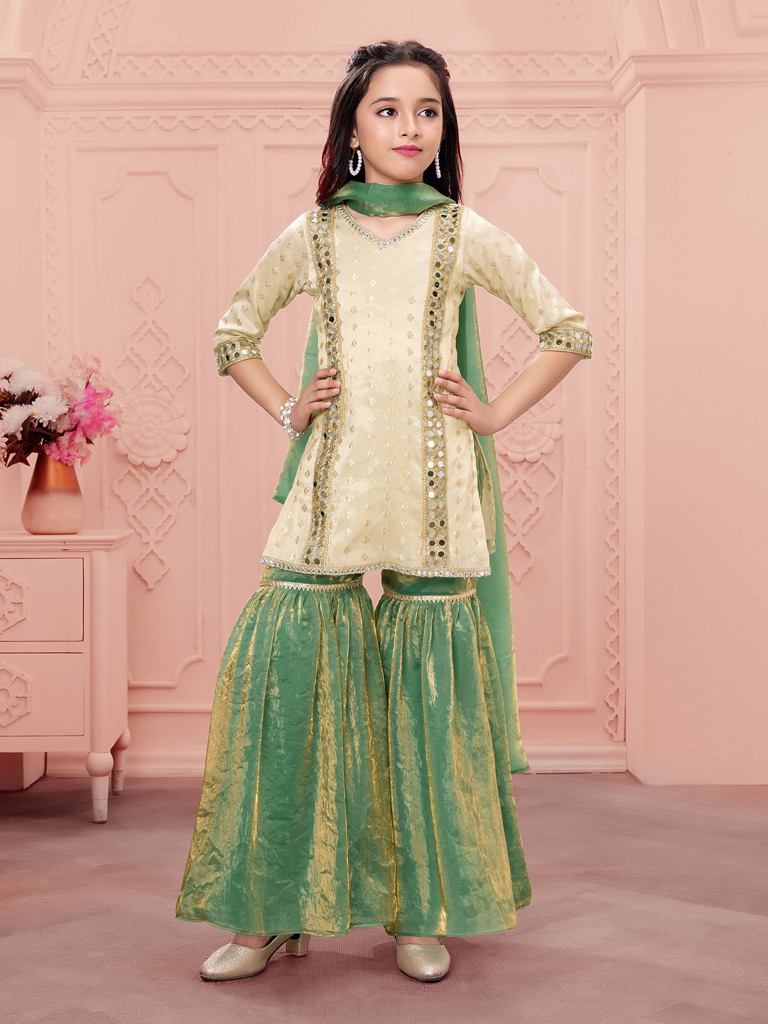 Woven Repeat Embriodered kurti with Palazzo and dupatta