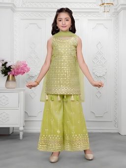 Mini Stitch - Olive Organza Sequence Embriodered Kurti with Palazzo and Dupatta