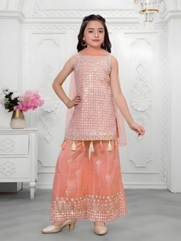 Mini Stitch - Peach Organza Sequence Embriodered Kurti with Palazzo and Dupatta
