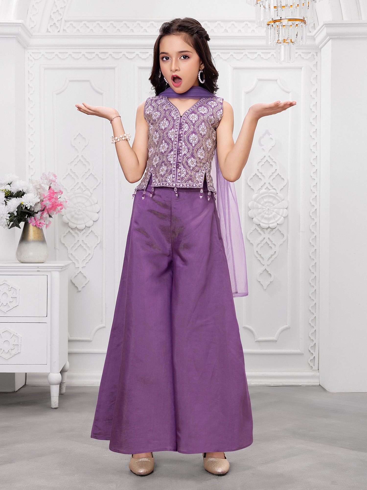 Lavender Woven Leaf Repeat Embriodered Palazzo Kurti with dupatta