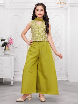 Mini Stitch - Olive Woven Leaf Repeat Embriodered Palazzo Top with dupatta