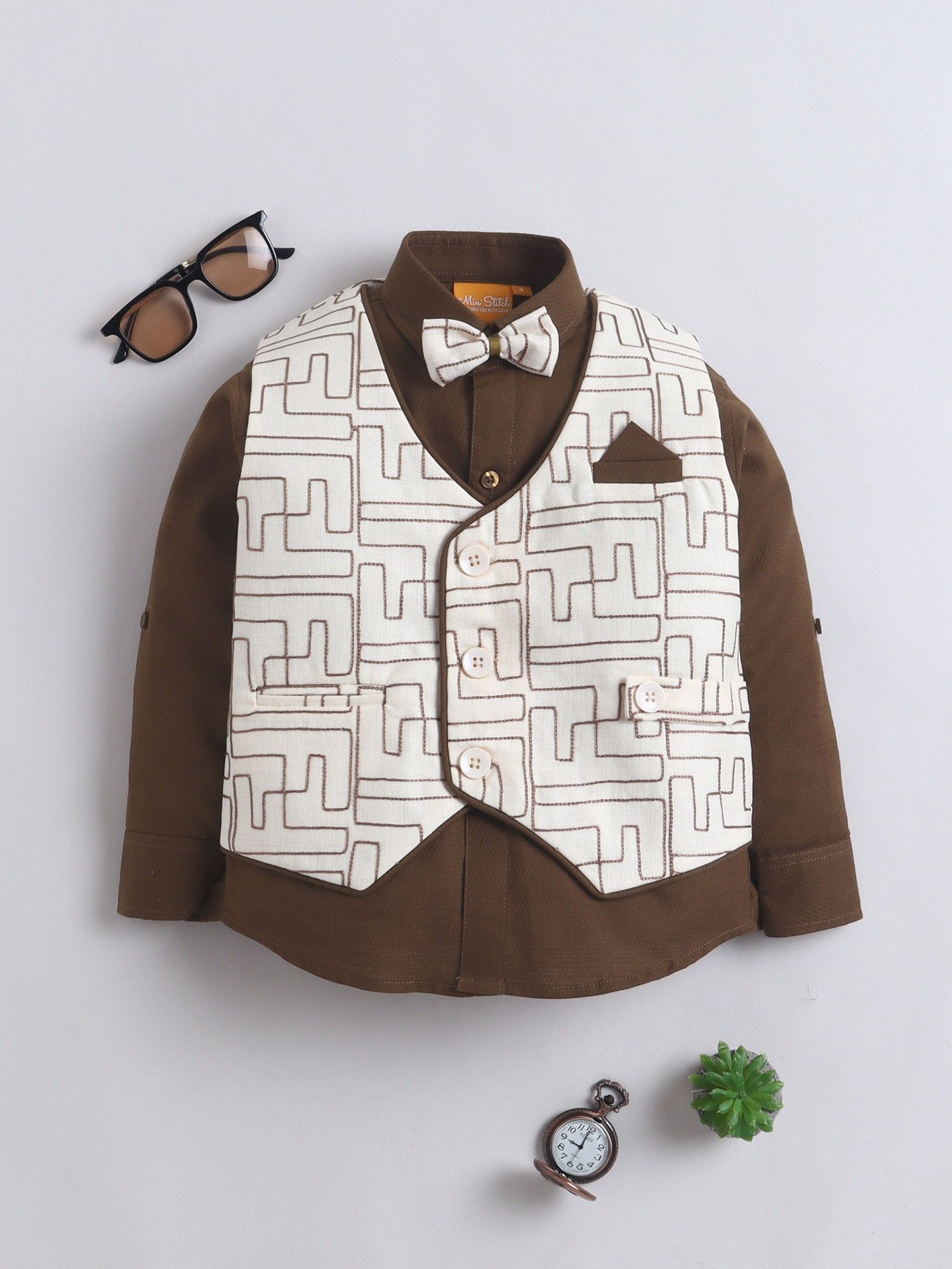 BROWN Cotton Woven Embriodered Waistcoat Shirt with Bow