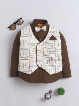 Mini Stitch - BROWN Cotton Woven Embriodered Waistcoat Shirt with Bow