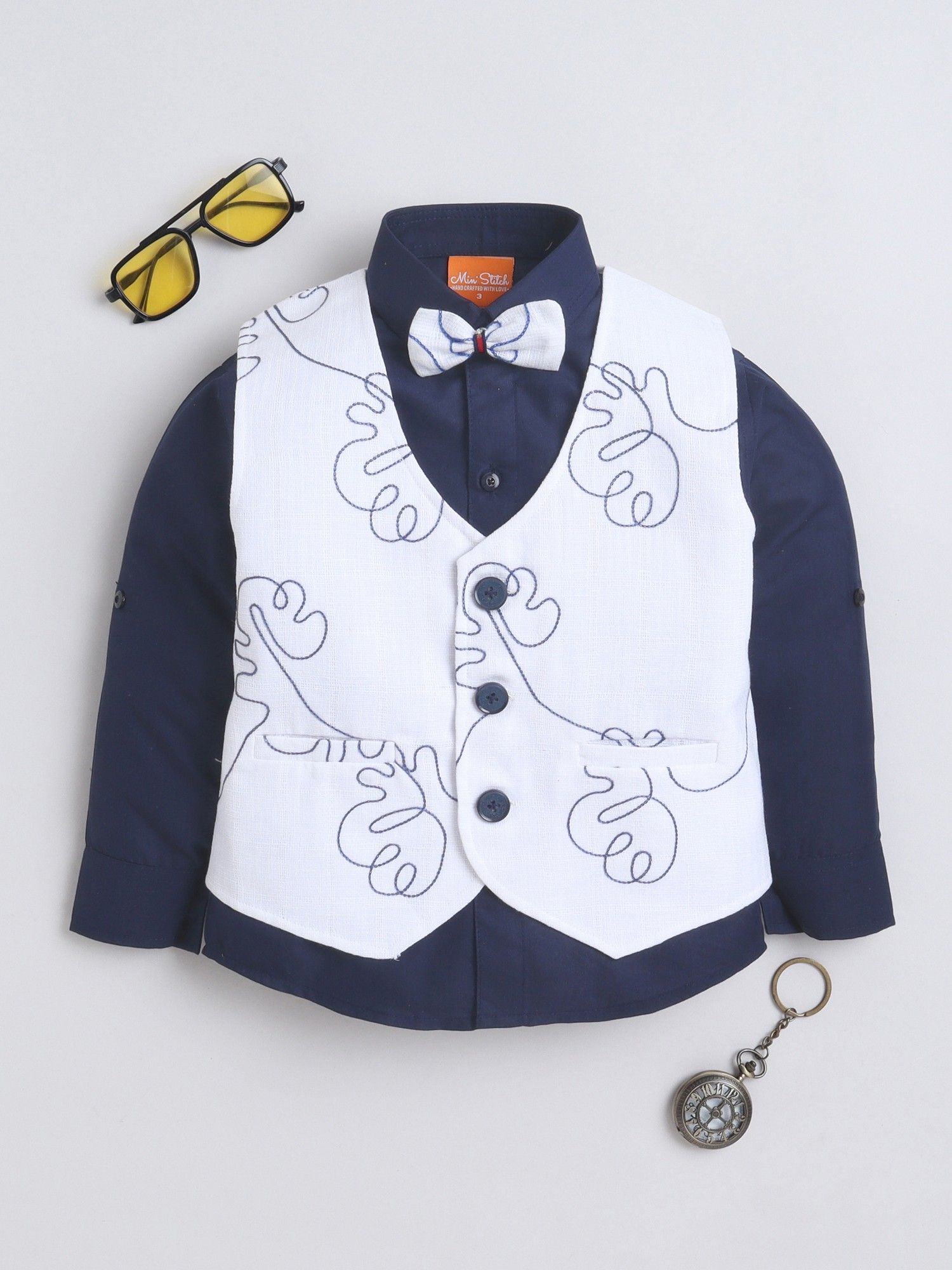 NAVYBLUE Cotton Woven Embriodered Waistcoat Shirt with Bow