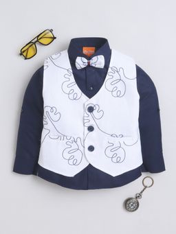 Mini Stitch - NAVYBLUE Cotton Woven Embroidered Waistcoat Shirt with Bow