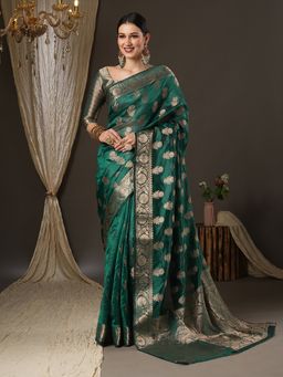 Akhilam - Womens Organza Teal Green Woven Design Designer Saree with Unstitched Blouse