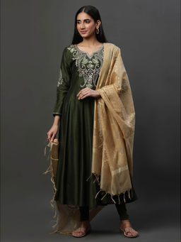 Aurelia - Green Anarkali Dori Embroidered Kurta, Leggings and Dupatta Set