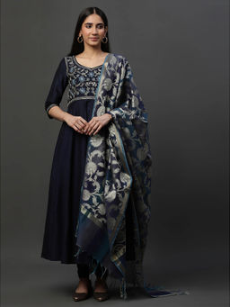 Aurelia - Blue Embroidered Anarkali Festive Kurta, Leggings and Dupatta Set