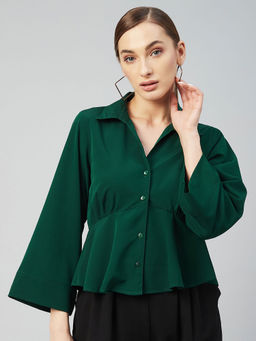 RARE - Women Casual Green Colour Shirt Collar Solid Regular Top