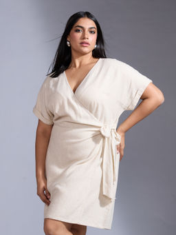 Twenty Dresses by Nykaa Fashion - Curve Beige V Neck Boxy Sleeve Short Wrap Linen Dress