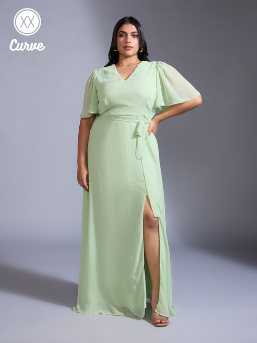 Twenty Dresses by Nykaa Fashion Curve Light Green Solid V Neck Belted Maxi Gown (Set of 2)