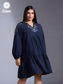 Twenty Dresses by Nykaa Fashion - Curve Navy Blue Embroidered Raglan Sleeves Dress