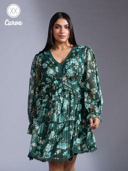 Twenty Dresses by Nykaa Fashion - Curve Green Floral Print Ruffled Knee Length Flared Dress