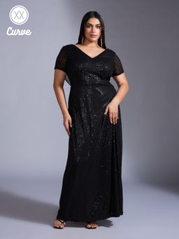 Twenty Dresses by Nykaa Fashion - Curve Party Black Sequin V Neck Short Sleeves Gown