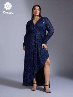 Twenty Dresses by Nykaa Fashion - Curve Party Blue Sequin V Neck Asymmetric Wrap Gown