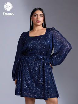 Twenty Dresses by Nykaa Fashion - Curve Party Blue Puff Sleeves Sheath Mini Dress (Set of 2)